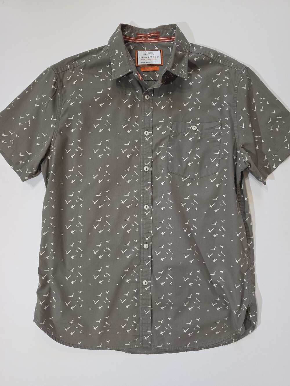 Denim And Flower Button Down Shirt Mens Large Slim Fit Grey White Seagull Print